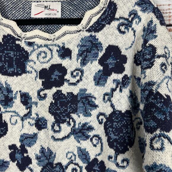Women's VTG SML Sport Ltd Navy Floral Print Knit Scalloped Edge Granny Sweater M - Picture 2 of 5
